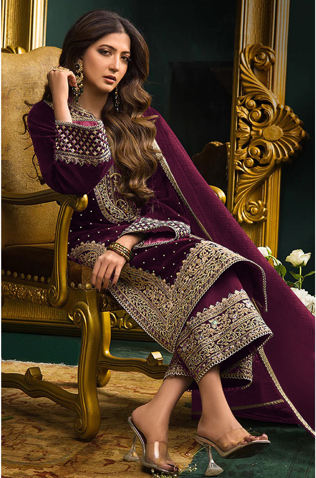 Lorenvalley Fashion Women Purple Velvet Embroidered Salwar Suit Material | Grocsy