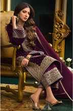 Lorenvalley Fashion Women Purple Velvet Embroidered Salwar Suit Material | Grocsy