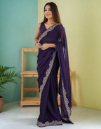 Lorenvalley Fashion Purple Rangoli Silk with Coding Lace Work Saree with Blouse | Grocsy