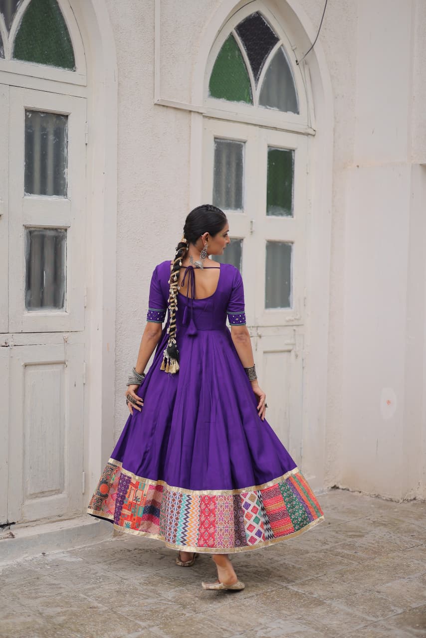 Lorenvalley Fashion Purple Roman Silk with Thread with mirror work & Maslin Crochet Print Work Gown | Grocsy