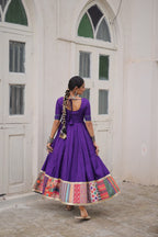 Lorenvalley Fashion Purple Roman Silk with Thread with mirror work & Maslin Crochet Print Work Gown | Grocsy