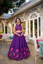 Lorenvalley Purple Tussar Silk Floral Print With Foil Work Lehenga Choli with Dupatta | Grocsy