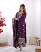 Lorenvalley Purple Chinon Silk Embroidery Sequence and Jari Work Kurta Trousers with Dupatta Set | Grocsy