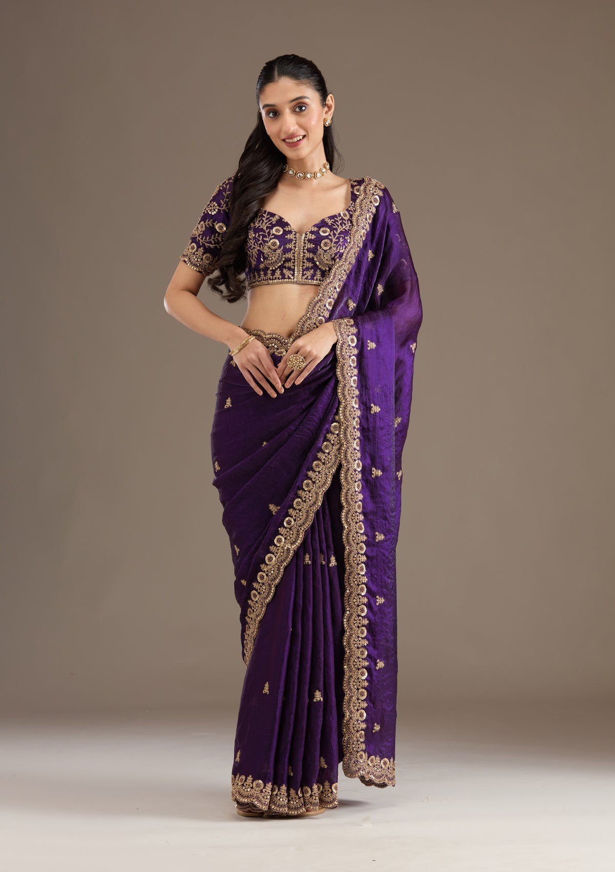 Lorenvalley Fashion Purple Fendi Satin with Embroidery Double Sequence Work Saree with Blouse | Grocsy