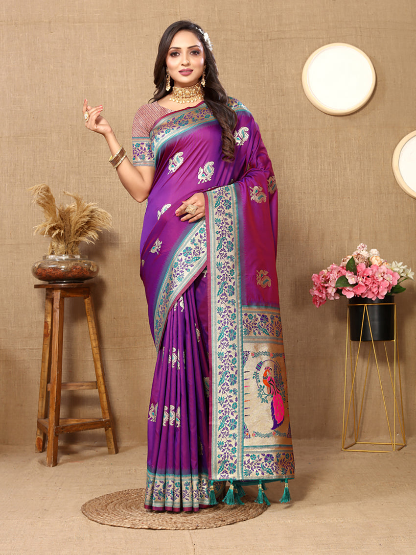 Lorenvalley Fashion Purple Soft Paithani Silk Woven Design Rich Meenakari Zari Weaving Pallu Saree | Grocsy