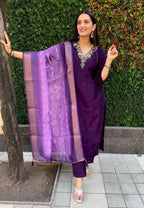 Lorenvalley Fashion Purple Roman Silk Hand Work Kurta Pant with Dupatta | Grocsy