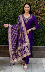 Lorenvalley Fashion Purple Roman Silk Hand Work Kurta Pant with Dupatta | Grocsy