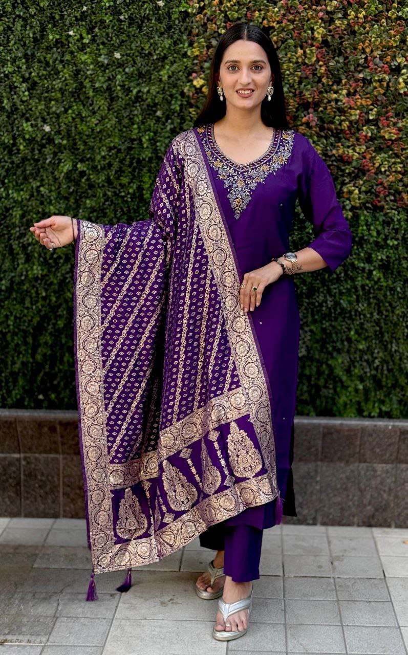 Lorenvalley Fashion Purple Roman Silk Hand Work Kurta Pant with Dupatta | Grocsy