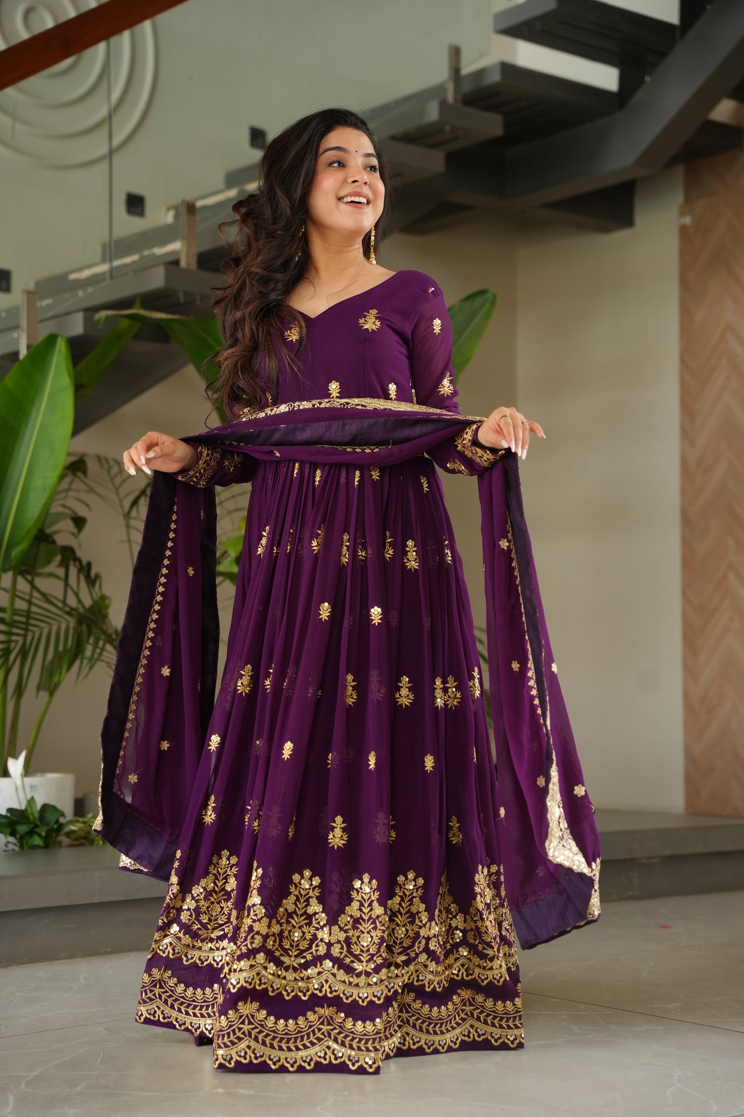 Lorenvalley Fashion Purple Faux Georgette with Zari & Sequins Embroidered Work Anarkali Gown with Dupatta | Grocsy