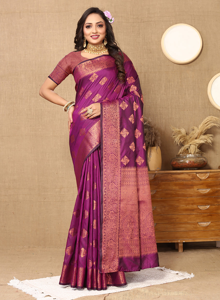 Lorenvalley Fashion Purple Soft Katan Silk Woven Design Copper Zari Weaving Saree | Grocsy