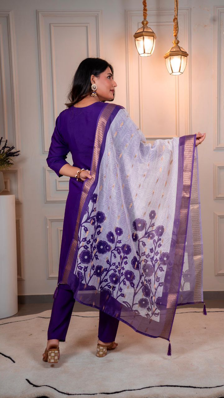 Lorenvalley Fashion Purple Roman Silk Hand Work Kurta Pant with Dupatta | Grocsy