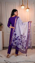 Lorenvalley Fashion Purple Roman Silk Hand Work Kurta Pant with Dupatta | Grocsy