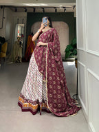 Lorenvalley White And Purple Pure Cotton Leheriya With Patola Print Lehenga Choli With Dupatta | Grocsy