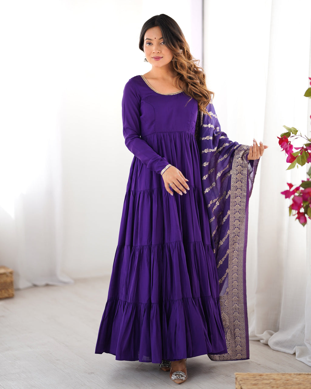 Lorenvalley Women Pure Roman silk Chanderi Fabric Layer Gathering Anarkali Kurta Pant With Dupatta Set | Grocsy