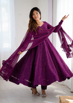 Lorenvalley Purple Faux Georgette Lukhnowi Sequence Work Anarkali Kurta Pant With Dupatta Set | Grocsy