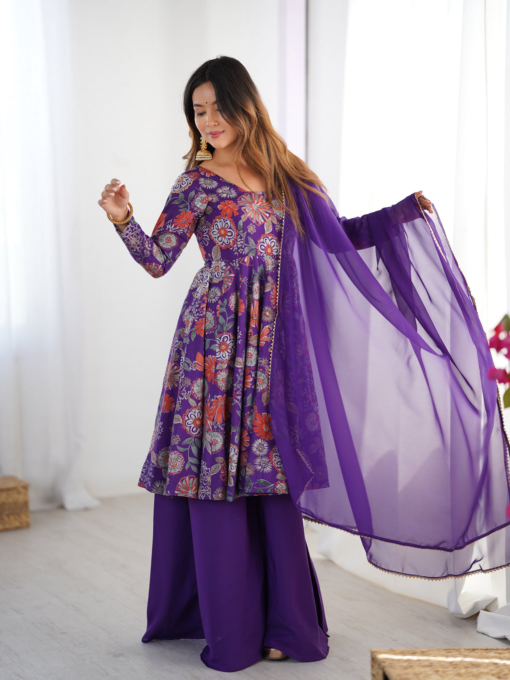 Lorenvalley Women Pure Soft Roman silk Chanderi Discharge Print Fabric Kediya Kurta Palazzo with Dupatta Set | Grocsy