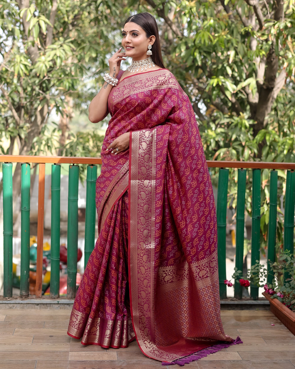 Lorenvalley Premium Bandhej Patola Silk Sarees with kanchi Borders and Contrast Zari Weaving borders Saree - Purple | Grocsy