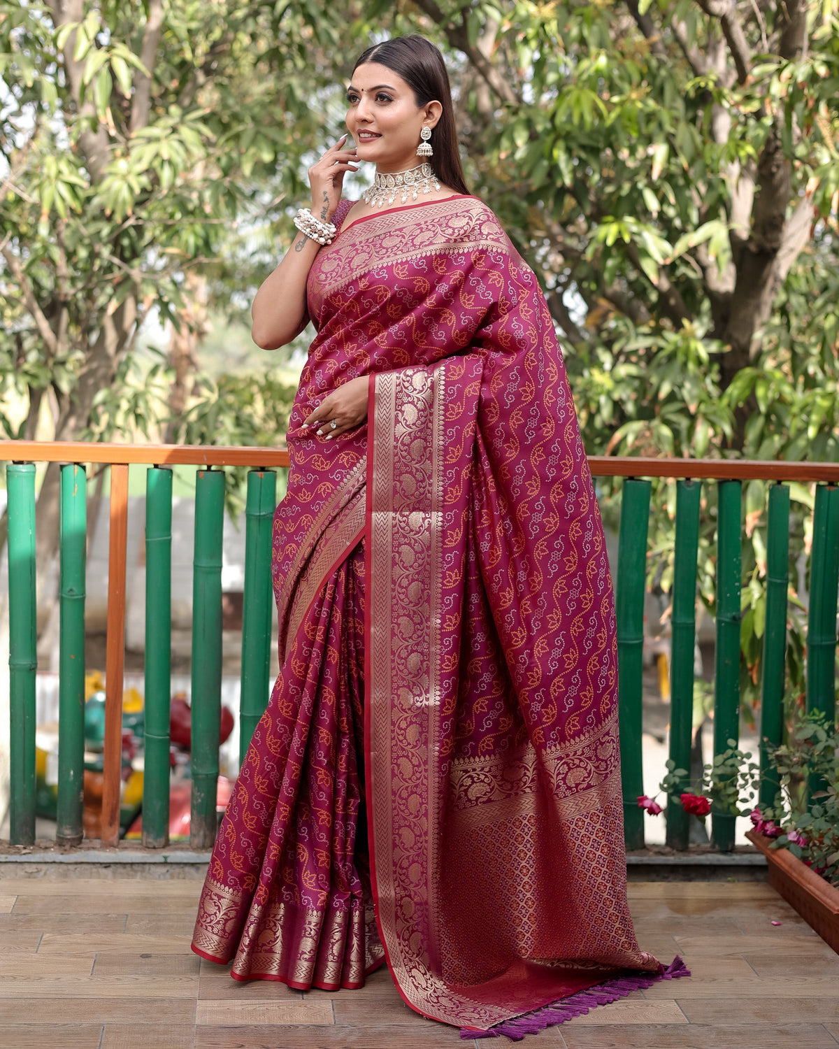 Lorenvalley Premium Bandhej Patola Silk Sarees with kanchi Borders and Contrast Zari Weaving borders Saree - Purple | Grocsy