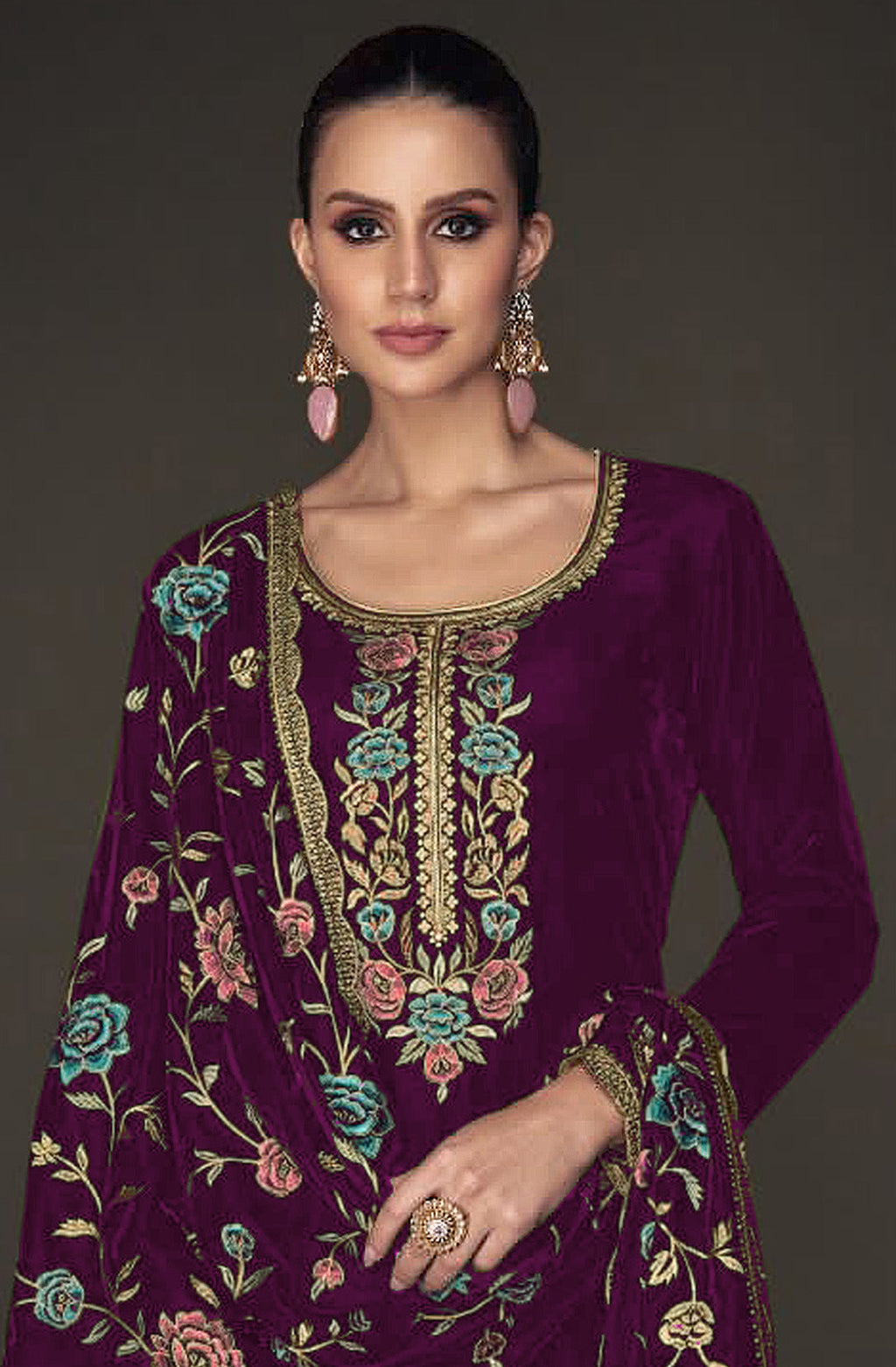 Lorenvalley Fashion Women Purple Velvet Embroidered Salwar Suit Material | Grocsy