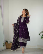 Lorenvalley Purple Rangoli Silk Embroidery Sequence and Jari Work Kurta Trousers with Dupatta Set | Grocsy
