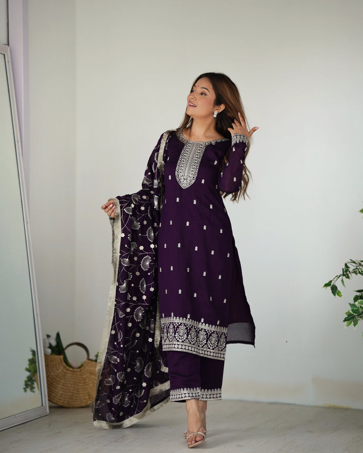 Lorenvalley Purple Rangoli Silk Embroidery Sequence and Jari Work Kurta Trousers with Dupatta Set | Grocsy