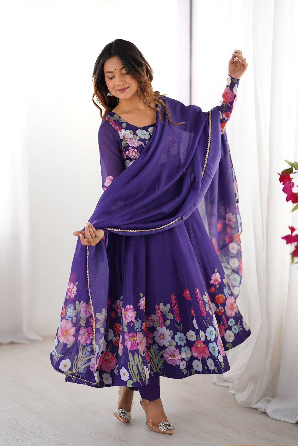 Lorenvalley Purple Soft Organza Silk With Floral Print Fully Flared Anarkali Pant With Dupatta Set | Grocsy