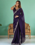 Lorenvalley Fashion Purple Rangoli Silk with Coding Lace Work Saree with Blouse | Grocsy