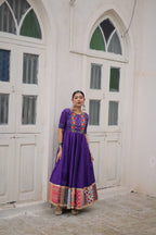 Lorenvalley Fashion Purple Roman Silk with Thread with mirror work & Maslin Crochet Print Work Gown | Grocsy