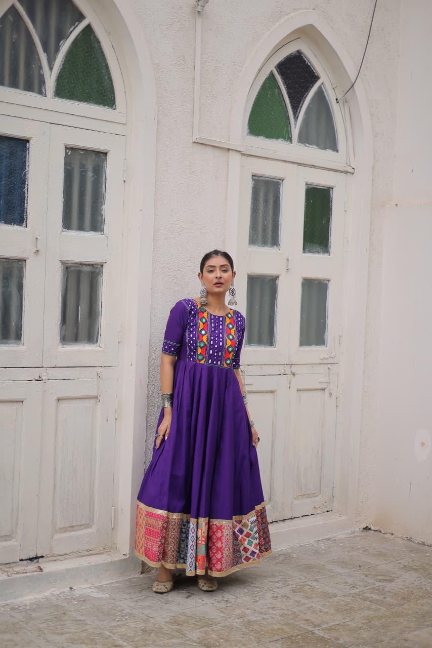 Lorenvalley Fashion Purple Roman Silk with Thread with mirror work & Maslin Crochet Print Work Gown | Grocsy