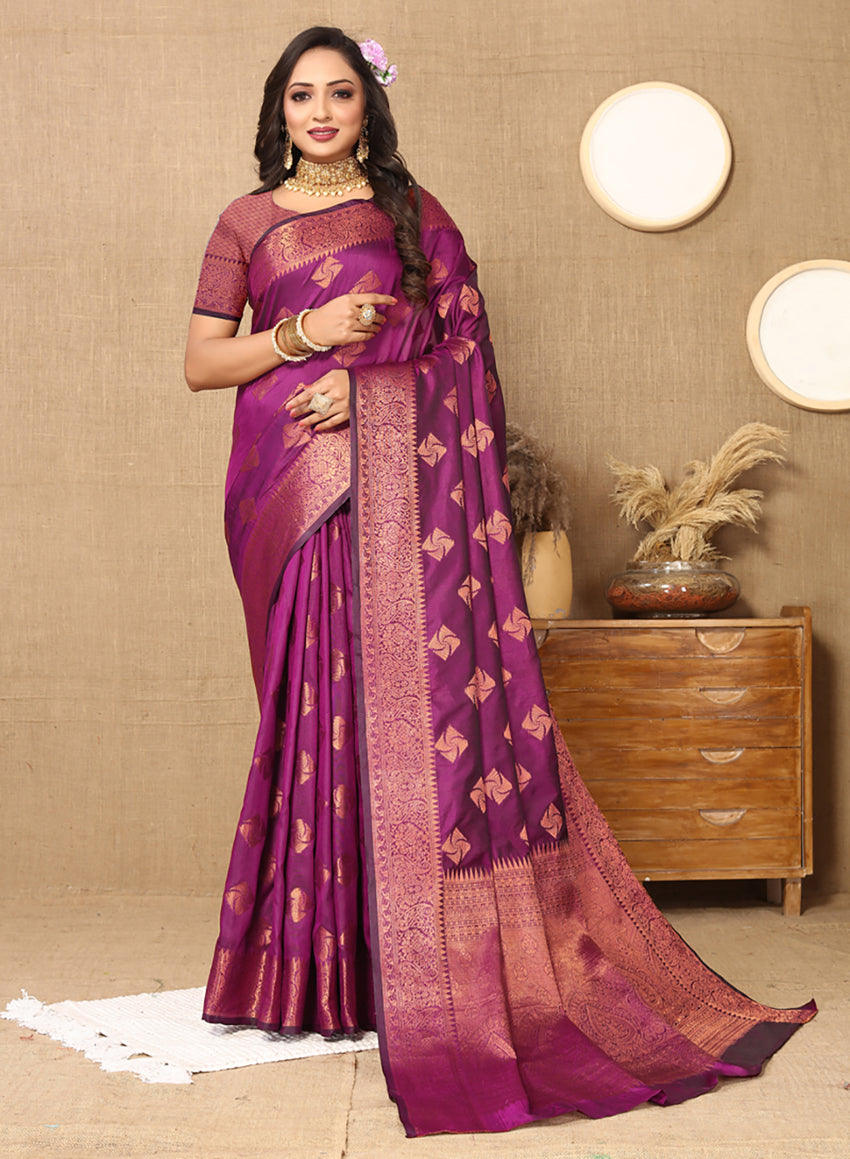 Lorenvalley Fashion Purple Soft Katan Silk Woven Design Copper Zari Weaving Saree | Grocsy