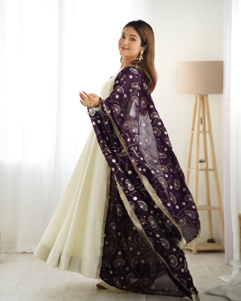Lorenvalley White Vichitra Silk Fabric Fully Flared Anarkali Pant With Dupatta Set | Grocsy