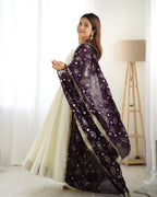Lorenvalley White Vichitra Silk Fabric Fully Flared Anarkali Pant With Dupatta Set | Grocsy