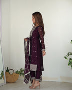 Lorenvalley Wine Rangoli Silk Embroidery Sequence And Thread Work Kurta Trousers with Dupatta Set | Grocsy