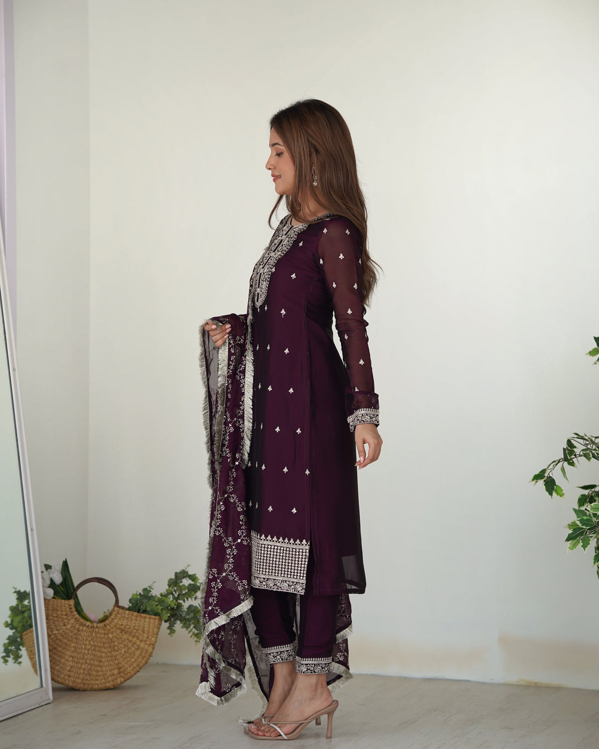 Lorenvalley Wine Rangoli Silk Embroidery Sequence And Thread Work Kurta Trousers with Dupatta Set | Grocsy