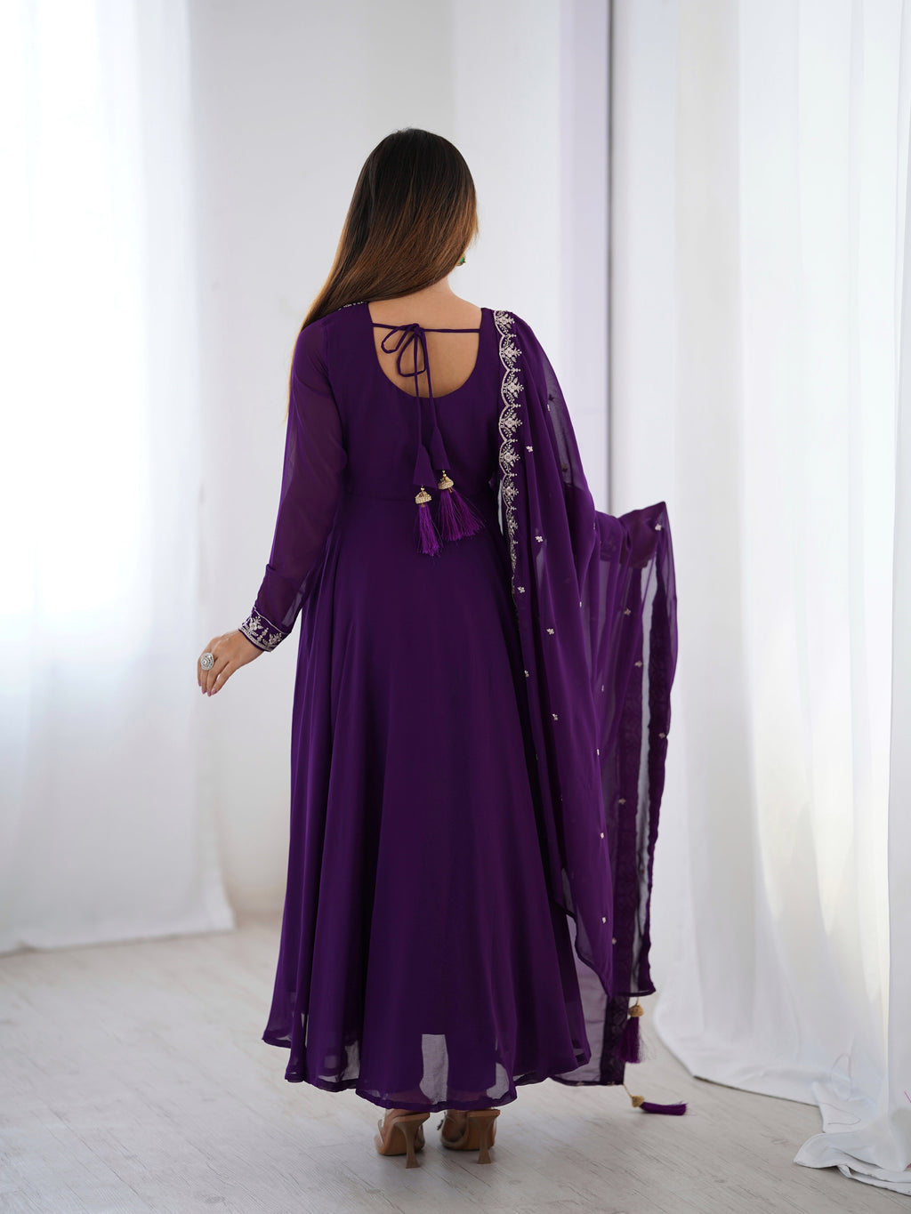 Lorenvalley Purple Faux Georgette Fancy Embroidery Beads And Jari Work Anarkali Kurta Palazzo With Dupatta Set | Grocsy