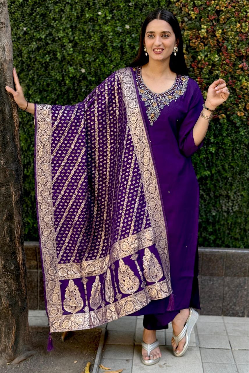Lorenvalley Fashion Purple Roman Silk Hand Work Kurta Pant with Dupatta | Grocsy