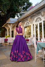 Lorenvalley Purple Tussar Silk Floral Print With Foil Work Lehenga Choli with Dupatta | Grocsy