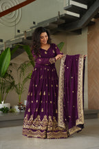 Lorenvalley Fashion Purple Faux Georgette with Zari & Sequins Embroidered Work Anarkali Gown with Dupatta | Grocsy