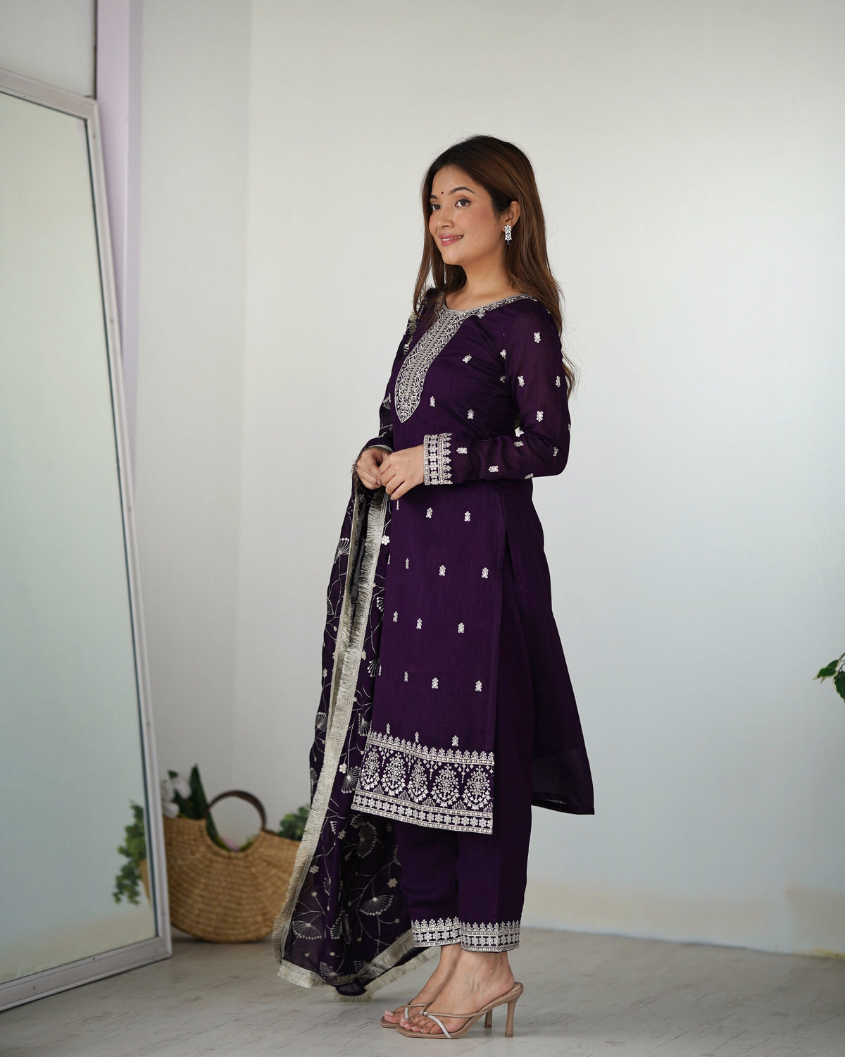 Lorenvalley Purple Rangoli Silk Embroidery Sequence and Jari Work Kurta Trousers with Dupatta Set | Grocsy