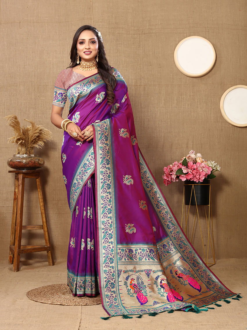 Lorenvalley Fashion Purple Soft Paithani Silk Woven Design Rich Meenakari Zari Weaving Pallu Saree | Grocsy