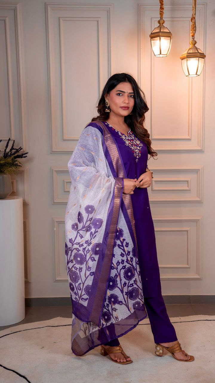 Lorenvalley Fashion Purple Roman Silk Hand Work Kurta Pant with Dupatta | Grocsy