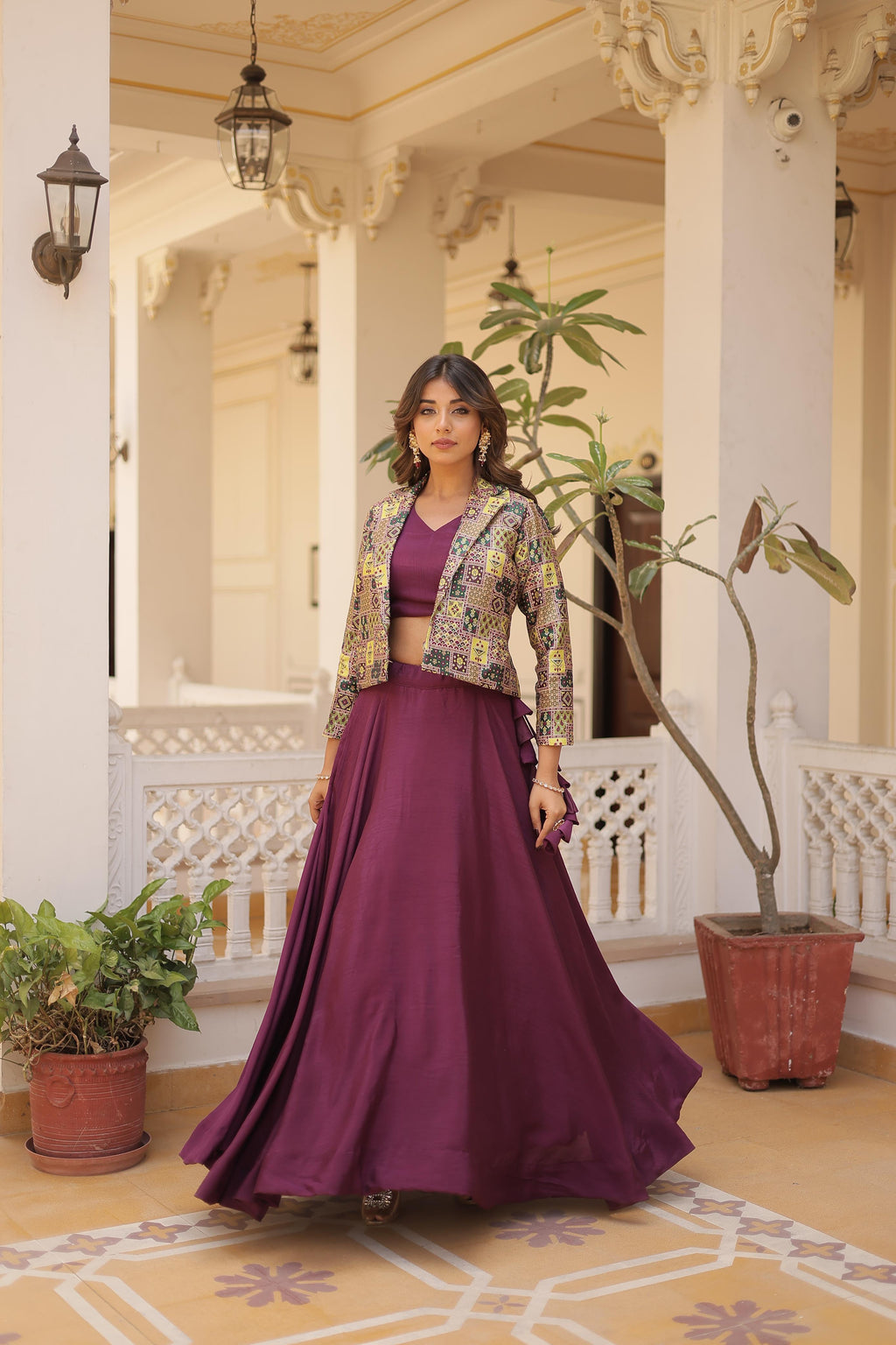Lorenvalley Purple Premium Chinnon Lehenga Choli with Jacquard Woven Design Koti | Grocsy
