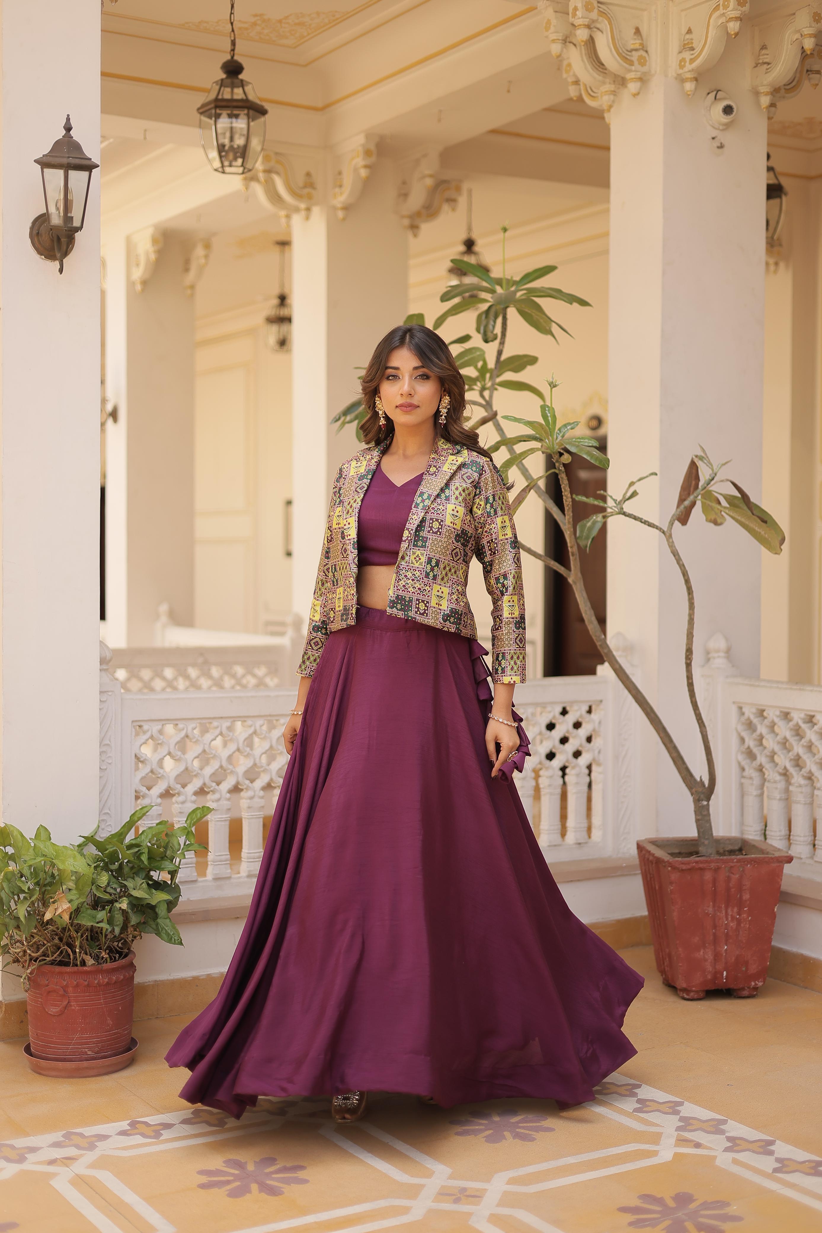Lorenvalley Purple Premium Chinnon Lehenga Choli with Jacquard Woven Design Koti | Grocsy