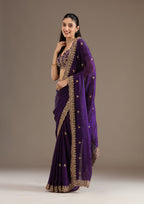 Lorenvalley Fashion Purple Fendi Satin with Embroidery Double Sequence Work Saree with Blouse | Grocsy