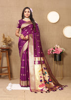 Lorenvalley Fashion Purple Soft Paithani Silk Woven Design Rich Zari Meenakari Weaving Saree | Grocsy