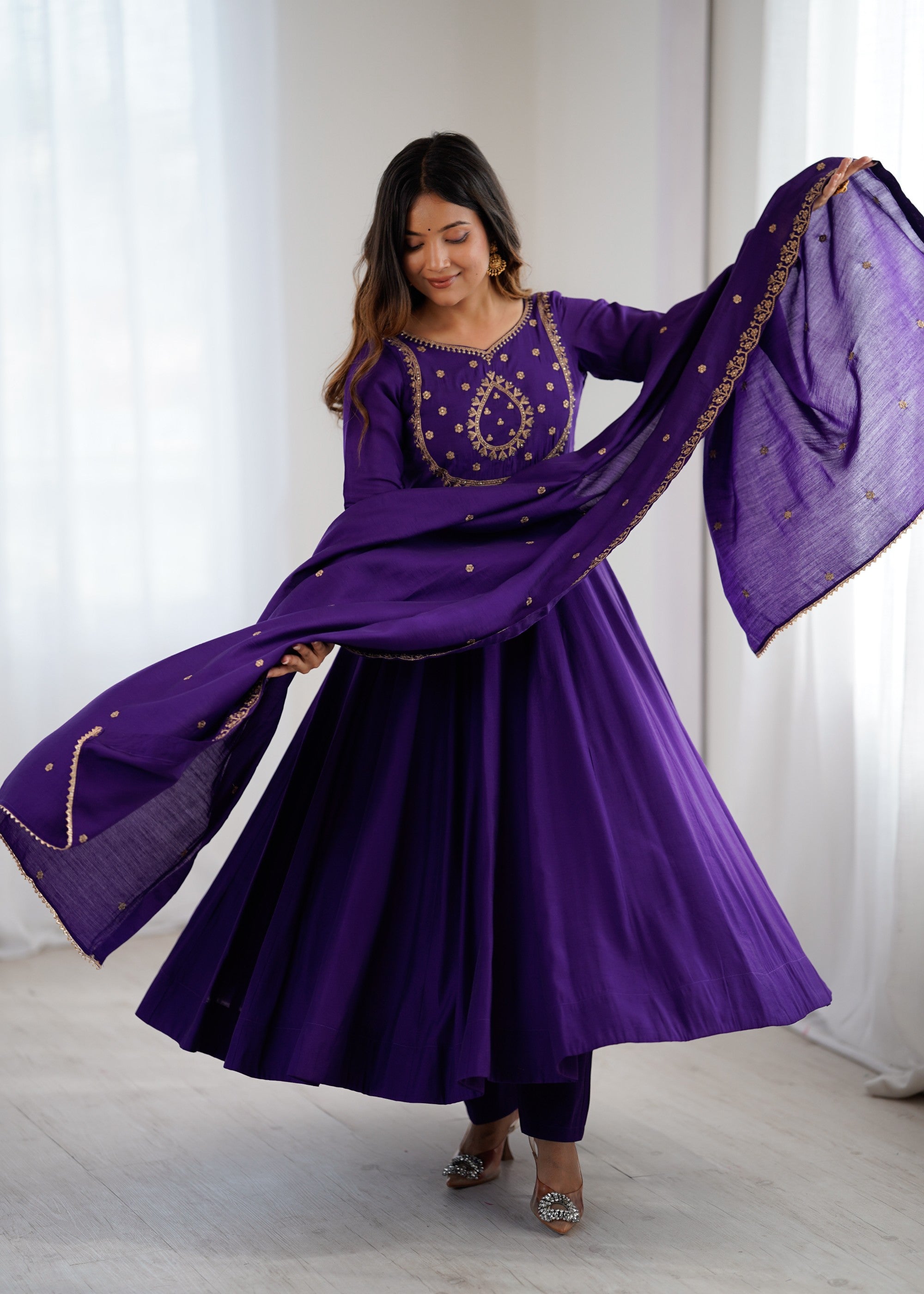 Lorenvalley Fashion Purple Roman Chanderi Silk Handwork Beads Work Anarkali Pant with Dupatta | Grocsy