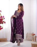 Lorenvalley Purple Chinon Silk Embroidery Sequence and Jari Work Kurta Trousers with Dupatta Set | Grocsy