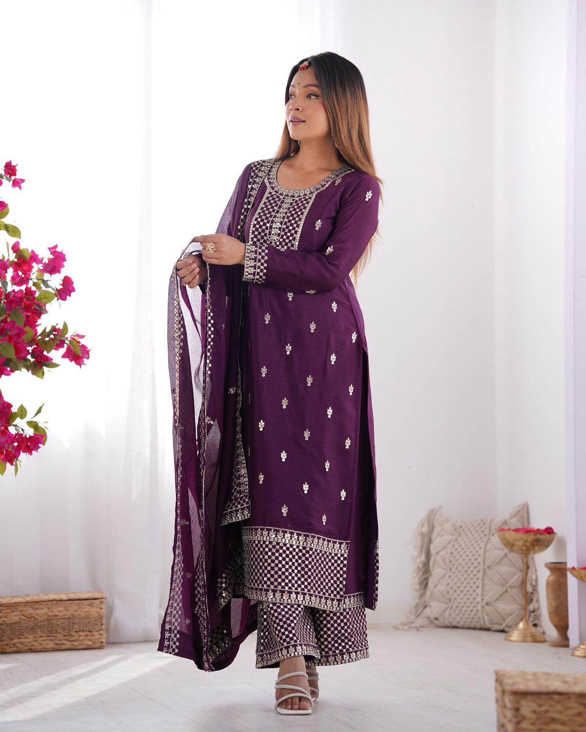 Lorenvalley Purple Chinon Silk Embroidery Sequence and Jari Work Kurta Trousers with Dupatta Set | Grocsy