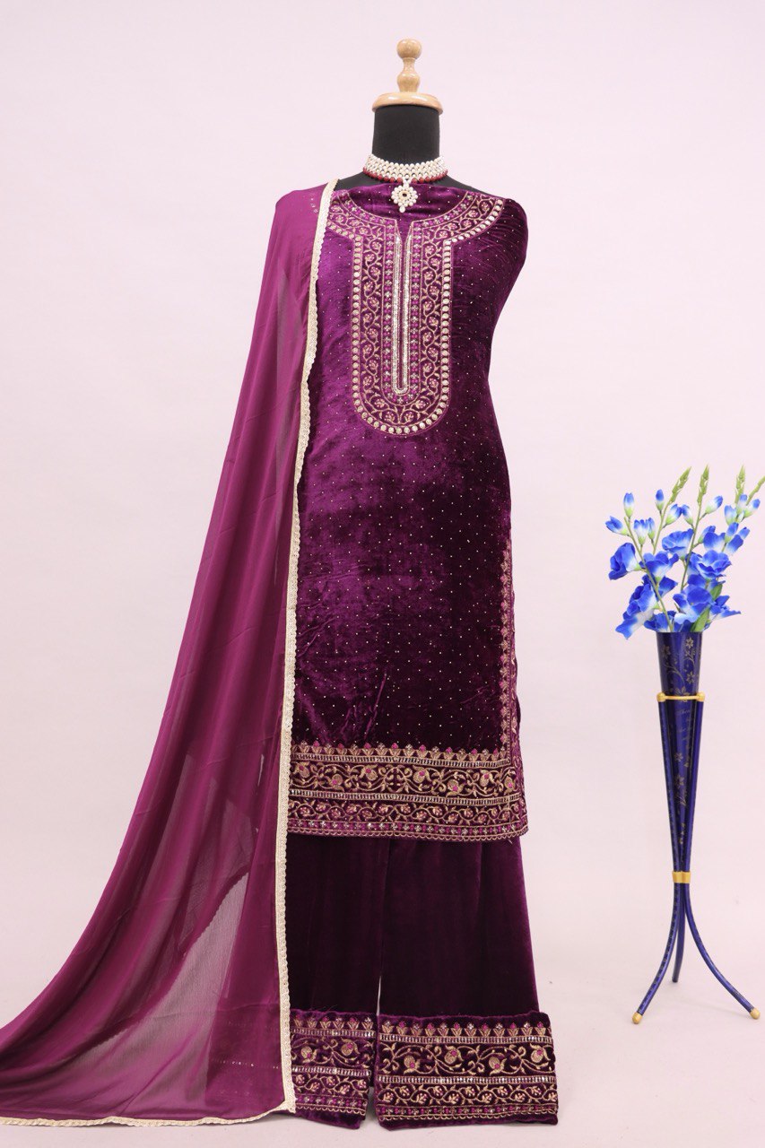 Lorenvalley Fashion Women Purple Velvet Embroidered Salwar Suit Material | Grocsy