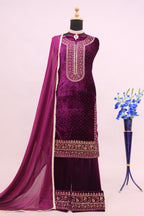 Lorenvalley Fashion Women Purple Velvet Embroidered Salwar Suit Material | Grocsy